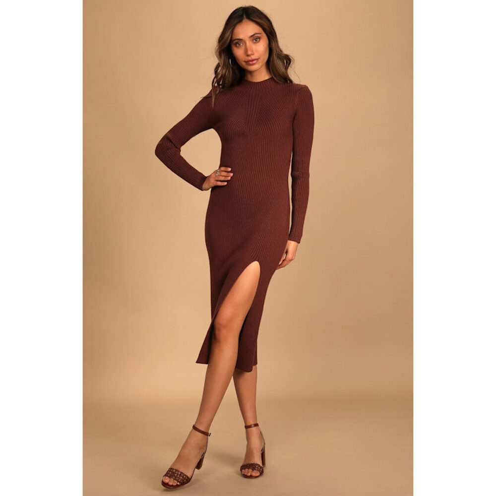 Lulus Wondrous Winter Brown Ribbed Long Sleeve Bodycon Sweater Dress
